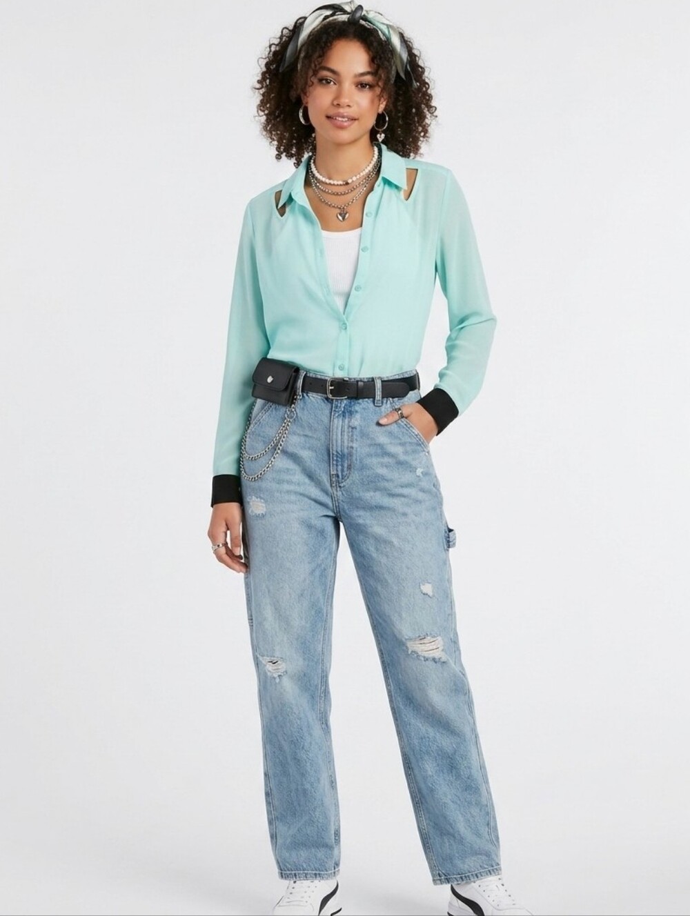 Mint Blouse with Cutouts & Black Cuff Detail